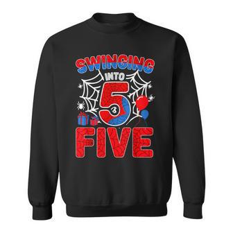 Swinging Into 5 Year Old Boy 5Th Spider Birthday Party Sweatshirt - Thegiftio UK