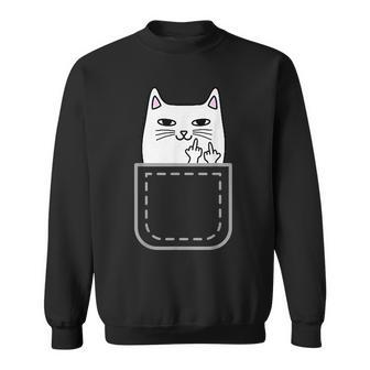 中指 猫 ポケット 面白い 漫画 猫 ホワイト プレミアム スウェットシャツ - Kawaiitshirt