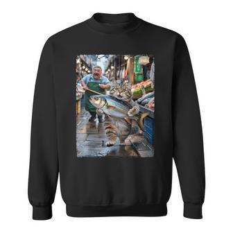 面白い猫が市場で魚を盗む猫好きの楽しみ。 スウェットシャツ - Kawaiitshirt