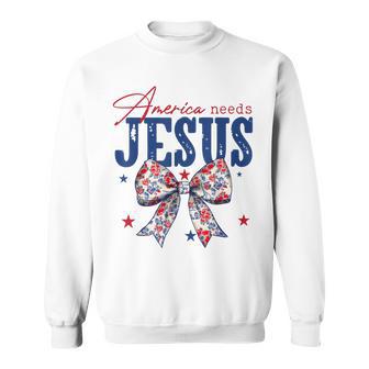 America Needs Jesus Coquette Bow Patriotic American Flag Sweatshirt - Thegiftio UK