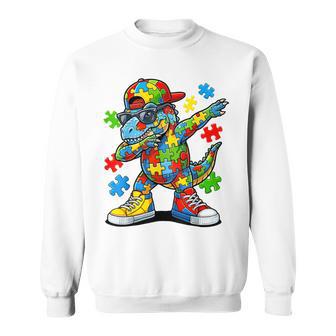 Autism Awareness Blue Dinosaur Dabbing Puzzle Sweatshirt - Monsterry