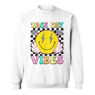 Race Day Vibes Checkered Flag Happy Face Car Racing Racer Sweatshirt - Monsterry