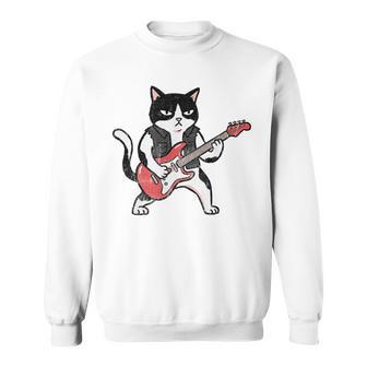 ベースギターを弾く 面白い ロック猫 バンド ミュージシャン ベーシスト 動物 スウェットシャツ - Kawaiitshirt