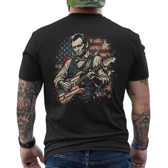 Abraham Lincoln President Playing Guitar Us Flag 4Th Of July Men's T-shirt Back Print - Monsterry