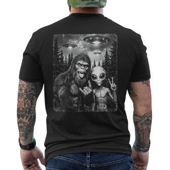 Bigfoot Alien Selfie Rock On Peace Sign Ufo Sasquatch Men's T-shirt Back Print - Monsterry