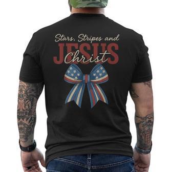 Coquette Bow Stars Stripes And Jesus Christ 4Th Of July Men's T-shirt Back Print - Monsterry