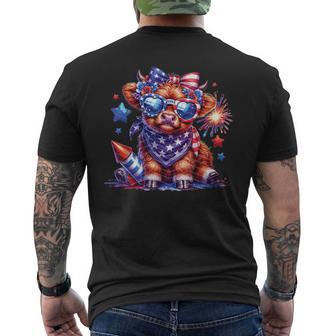 Cute Highland Cow Florals 4Th Of July Usa Flag Patriotic Cow Men's T-shirt Back Print - Thegiftio