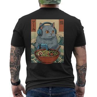 Cute Kawaii Gamer Cat Ramen Retro Japanese Cat Gaming Men's T-shirt Back Print - Monsterry