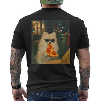Pomeranian Dog Eating Pizza Meme Retro Men's T-shirt Back Print - Monsterry