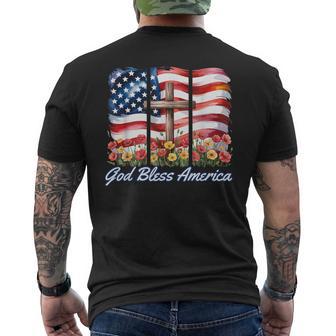 God Bless America Flag Cross Flowers Patriotic 4Th Of July Men's T-shirt Back Print - Thegiftio UK