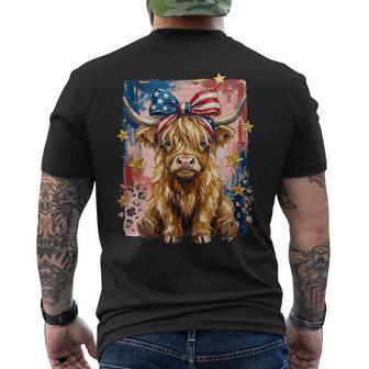 Highland Cow Patriotic Coquette Bow 4Th July American Flag Men's T-shirt Back Print - Monsterry