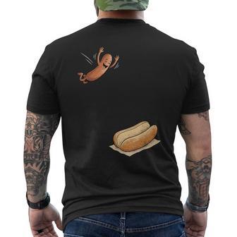 Hotdog Jumping Into Bun Bbq Men's T-shirt Back Print - Monsterry