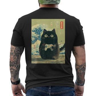 Jeuxidéo Japonais Gamer Cat Great Wave Cat Dad T-shirt imprimé au dos - Cadeauxyz