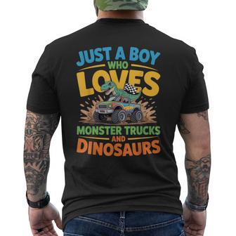 Just A Boy Who Loves Monster Trucks And Dinosaurs Trex Men's T-shirt Back Print - Thegiftio UK