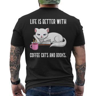 Kaffee Katzen Und Bücher Lustige Lektüre T-Shirt mit Rückendruck - Seseable