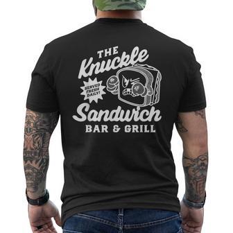 The Knuckle Sandwich Bar & Grill Fighting Joke Bar Humor Men's T-shirt Back Print | Mazezy