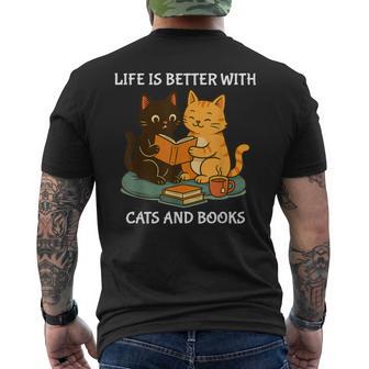 Life Is Better With Cats And Books Cute Cat Lover Men's T-shirt Back Print - Thegiftio UK