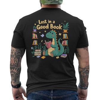 Lost In A Good Book Cute Reading Dinosaur Illustration Men's T-shirt Back Print - Thegiftio UK