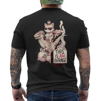 This Is An Outrage Cat Riding Raptor Dinosaur Crown Men's T-shirt Back Print - Thegiftio