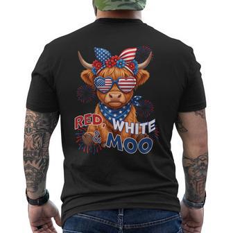 Red White And Moo Highland Cow 4Th July 250 Years Patriotic Men's T-shirt Back Print - Thegiftio