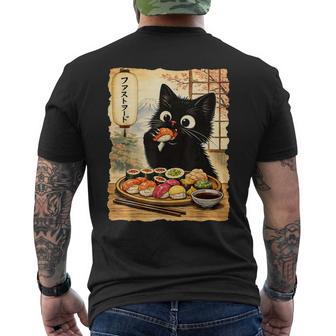 Schwarzeüße Katze Isstushi Kawaii Japanisches Essen Anime Katzen T-Shirt mit Rückendruck - Geschenkecke