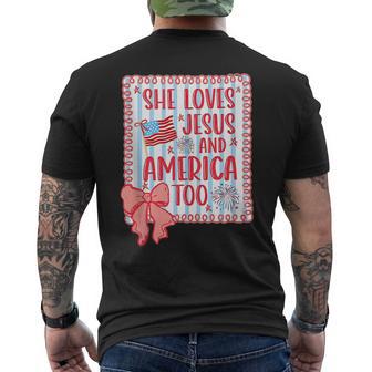 She Loves Jesus And America Too Faith Flag Fireworks Bow Men's T-shirt Back Print - Thegiftio UK