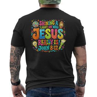 Shining A Light On Who Jesus Vbs 2026 Vacation Bible School Men's T-shirt Back Print - Monsterry