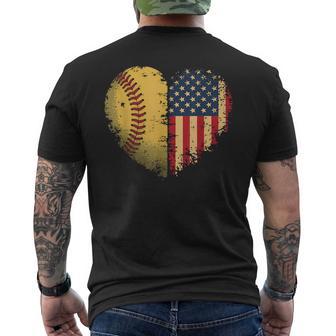 Softball Heart American Flag Patriotic Softball Lovers Men's T-shirt Back Print | Mazezy