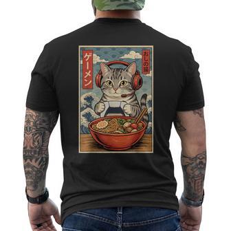 Süße Kawaii Anime Gamer Katze Mit Ramen Japan Retro T-Shirt mit Rückendruck - Seseable