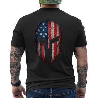 US American Flag Patriotic Spartan Helmet Battle Scarred Men's T-shirt Back Print - Thegiftio UK