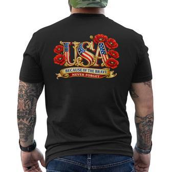 Usa Poppies Because Of The Brave Never Forget Memorial Day Men's T-shirt Back Print - Monsterry