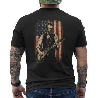 Vintage Abraham Lincoln Abe Lincoln Playing Guitar Usa Flag Men's T-shirt Back Print - Monsterry