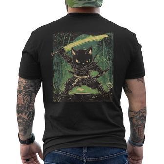 Vintage Japanese Samurai Cat Tattoo Ninja Black Cat Samurai Men's T-shirt Back Print - Monsterry