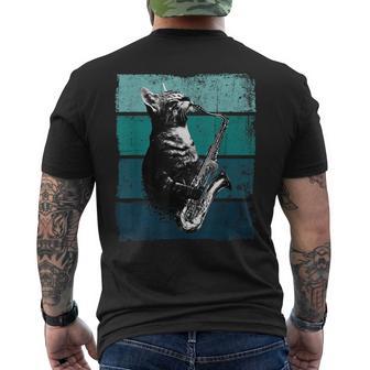 サックスを奏でる猫 ヴィンテージ 猫 ジャズ サックス 音楽 サックス メンズTシャツ バックプリント - Kawaiitshirt