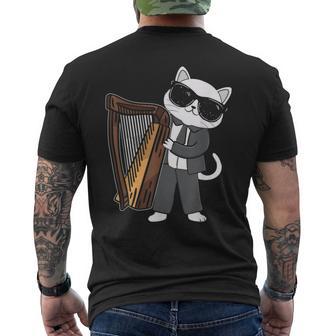 ハープを演奏する猫 音楽愛好家 音楽プレーヤー エキスパート ミュージシャン メンズTシャツ バックプリント - Kawaiitshirt