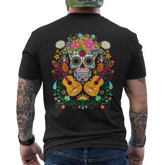 フラワーギター スカル デイ・オブ・ザ・デッド マリアッチ デザイン メンズTシャツ バックプリント - Kawaiitshirt