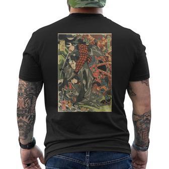 日本の侍アート 木版 宮本 武蔵 巨大コウモリ メンズTシャツ バックプリント - Kawaiitshirt