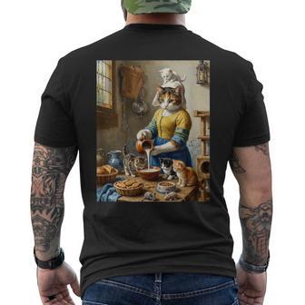 牛乳を注ぐ猫 フェルメール風 名画パロディ 油絵アート 可愛い子猫 おもしろ 猫好き メンズTシャツ バックプリント - Kawaiitshirt