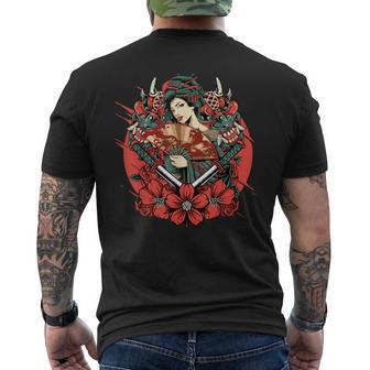 芸者 日本の鬼のお面 妖怪 侍 刀 カタナ 刀 メンズTシャツ バックプリント - Kawaiitshirt