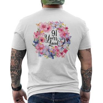 91 Years Loved 91歳の誕生日 フローラルリース ナインティワン メンズTシャツ バックプリント - Kawaiitshirt