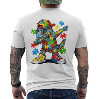 Autism Awareness Blue Dinosaur Dabbing Puzzle Men's T-shirt Back Print - Monsterry