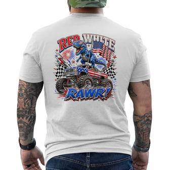 Red White Rawr Usa Flag Dinosaur Kids Summer Holiday Men's T-shirt Back Print - Monsterry