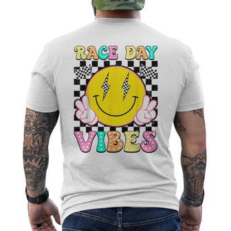 Race Day Vibes Checkered Flag Happy Face Car Racing Racer Men's T-shirt Back Print - Monsterry