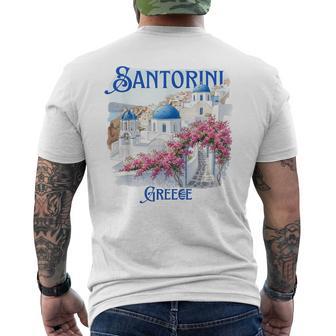 Santorini Greece Blue Domes Pink Flowers Souvenir Men's T-shirt Back Print | Mazezy