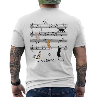 楽しい 猫 登る トランプ 楽譜 猫の音符 メンズTシャツ バックプリント - Kawaiitshirt