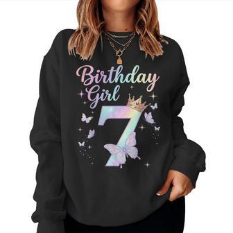 7Th Birthday Girl Seven 7 Year Old Butterfly Birthday Women Sweatshirt - Monsterry