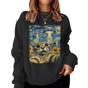 Cat Selfie With Ufo Starry Night Van Gogh Cat Kids Women Sweatshirt - Thegiftio UK