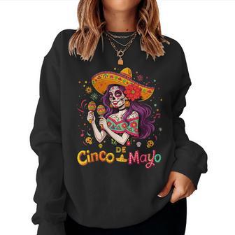Cinco De Mayo Beautiful Purple Hair Skeleton Girl Women Sweatshirt - Thegiftio UK