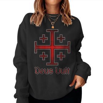 Deus Vult Christian Crusader Jerusalem Cross Eroded Style Women Sweatshirt | Seseable UK