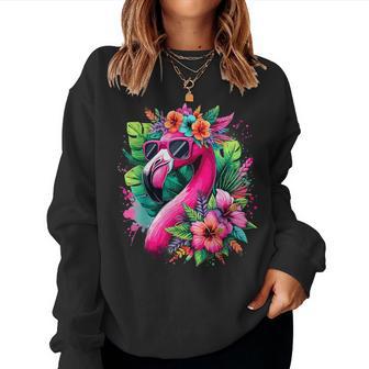 Flamingo With Sunglasses Tropical Flowers Summer Vibe Women Sweatshirt - Monsterry
